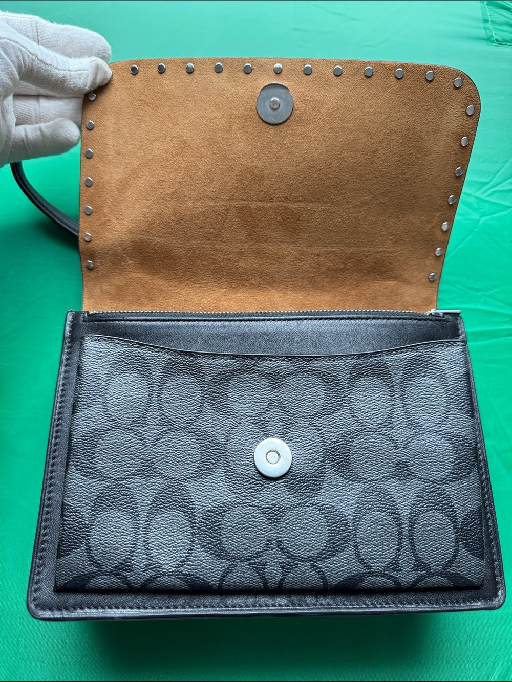 🖤Coach Black Leather 🖤& Signature Canvas Crossbody with Silver Studs - Picture 13 of 17